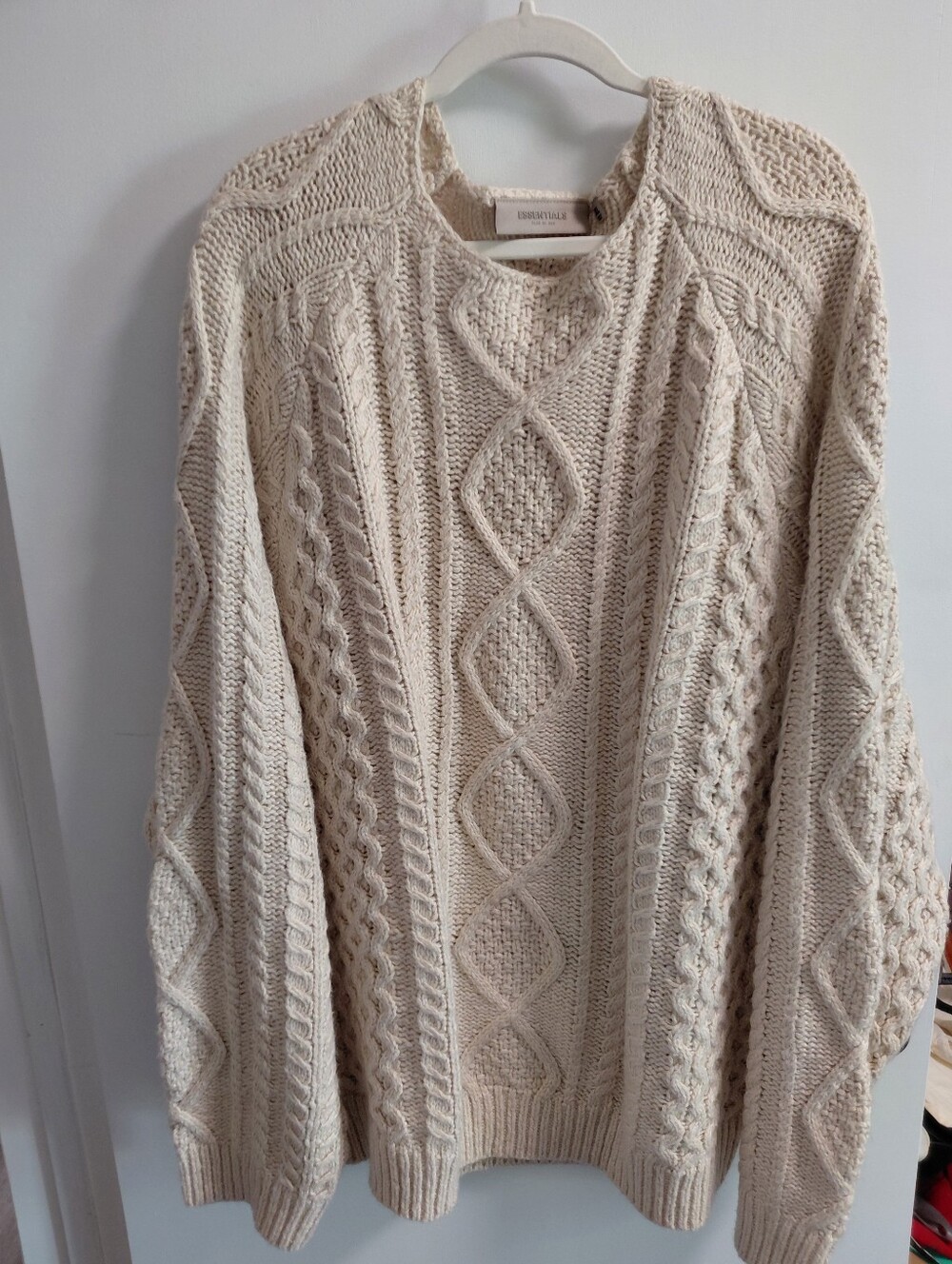 Men's Essentials Fear Of God Oversize Cream Cable Knit Crewneck Sweater